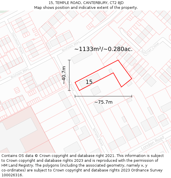 15, TEMPLE ROAD, CANTERBURY, CT2 8JD: Plot and title map