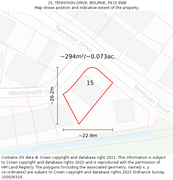 15, TENNYSON DRIVE, BOURNE, PE10 9WB: Plot and title map