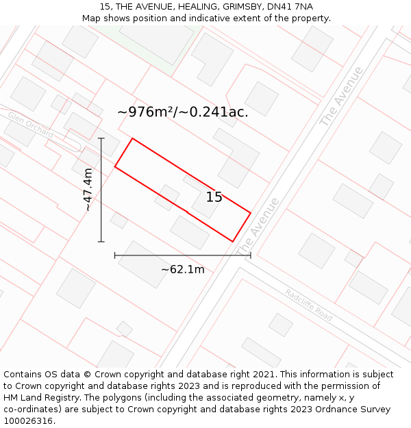 15, THE AVENUE, HEALING, GRIMSBY, DN41 7NA: Plot and title map