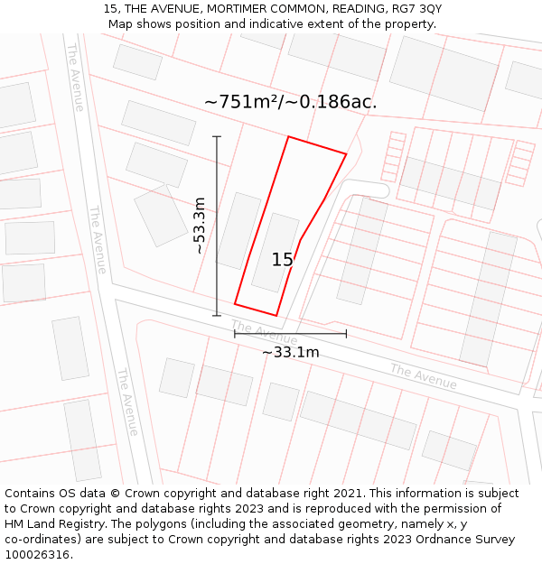 15, THE AVENUE, MORTIMER COMMON, READING, RG7 3QY: Plot and title map