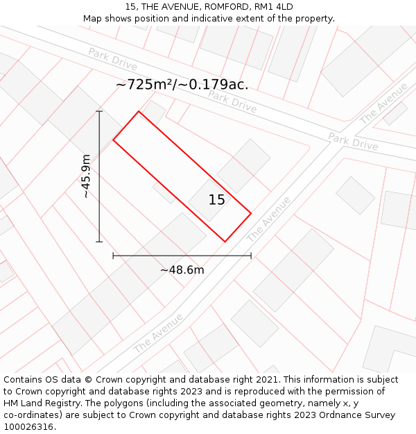 15, THE AVENUE, ROMFORD, RM1 4LD: Plot and title map