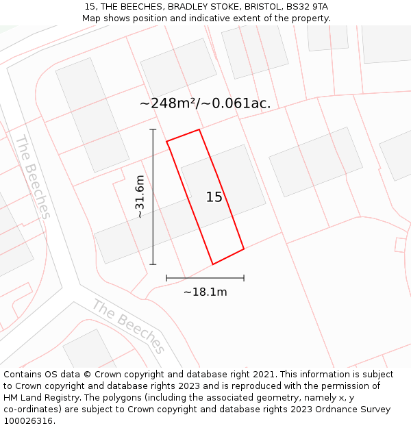 15, THE BEECHES, BRADLEY STOKE, BRISTOL, BS32 9TA: Plot and title map