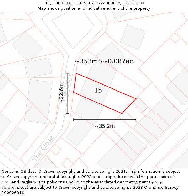 15, THE CLOSE, FRIMLEY, CAMBERLEY, GU16 7HQ: Plot and title map