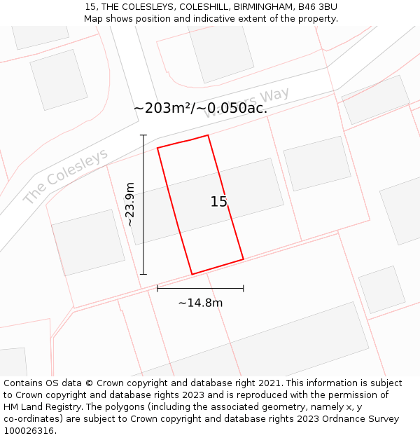 15, THE COLESLEYS, COLESHILL, BIRMINGHAM, B46 3BU: Plot and title map