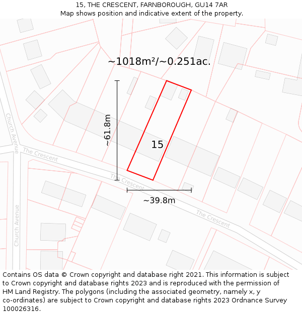 15, THE CRESCENT, FARNBOROUGH, GU14 7AR: Plot and title map