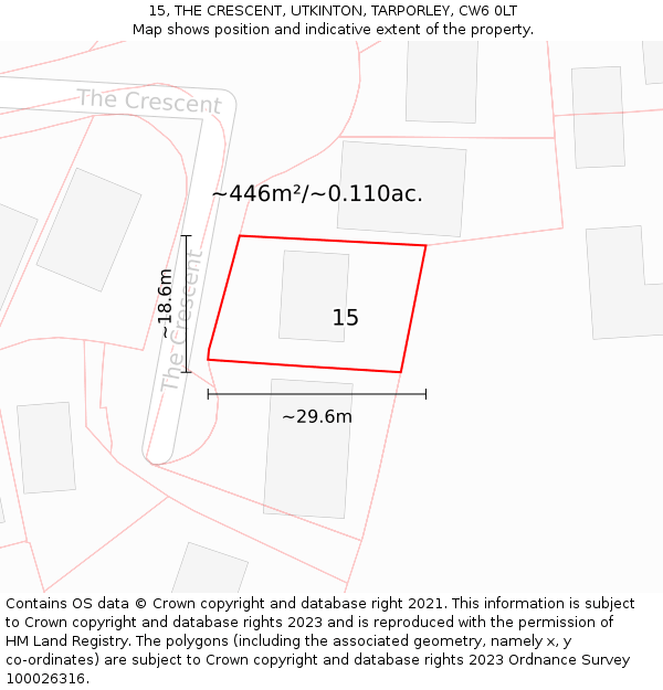 15, THE CRESCENT, UTKINTON, TARPORLEY, CW6 0LT: Plot and title map