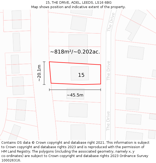 15, THE DRIVE, ADEL, LEEDS, LS16 6BG: Plot and title map
