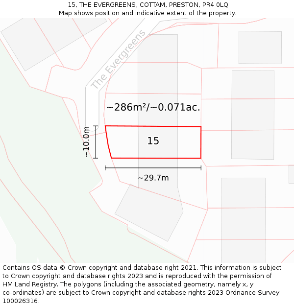 15, THE EVERGREENS, COTTAM, PRESTON, PR4 0LQ: Plot and title map