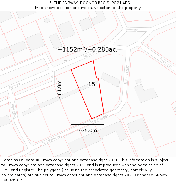 15, THE FAIRWAY, BOGNOR REGIS, PO21 4ES: Plot and title map