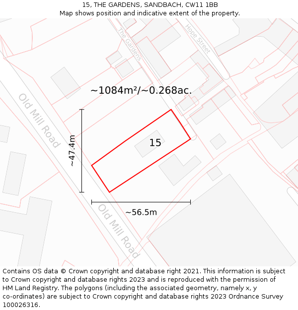 15, THE GARDENS, SANDBACH, CW11 1BB: Plot and title map