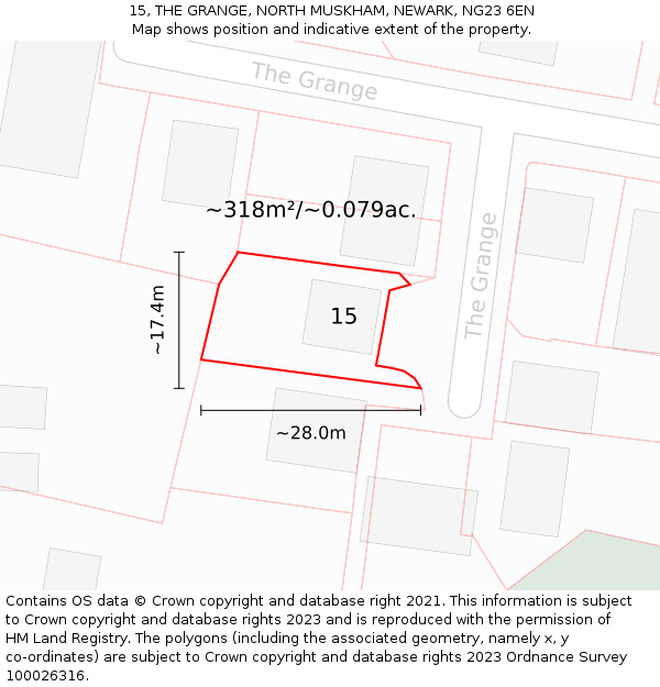 15, THE GRANGE, NORTH MUSKHAM, NEWARK, NG23 6EN: Plot and title map