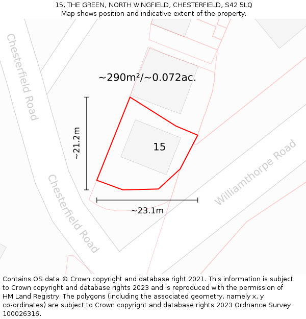 15, THE GREEN, NORTH WINGFIELD, CHESTERFIELD, S42 5LQ: Plot and title map