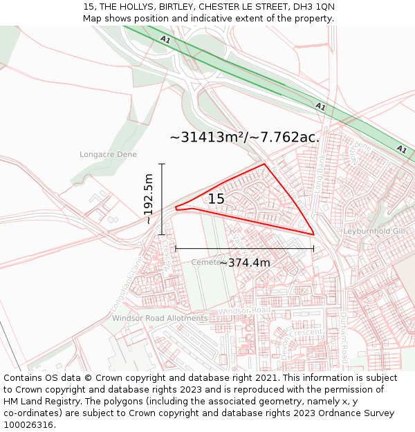 15, THE HOLLYS, BIRTLEY, CHESTER LE STREET, DH3 1QN: Plot and title map