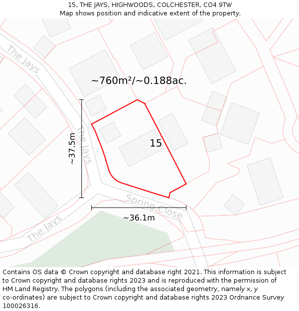 15, THE JAYS, HIGHWOODS, COLCHESTER, CO4 9TW: Plot and title map