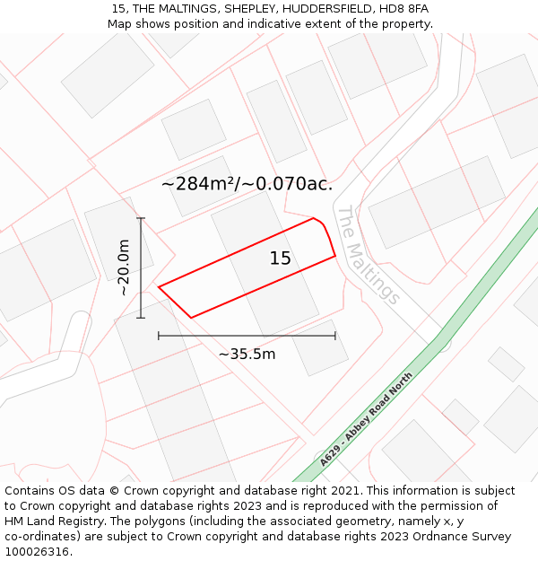 15, THE MALTINGS, SHEPLEY, HUDDERSFIELD, HD8 8FA: Plot and title map