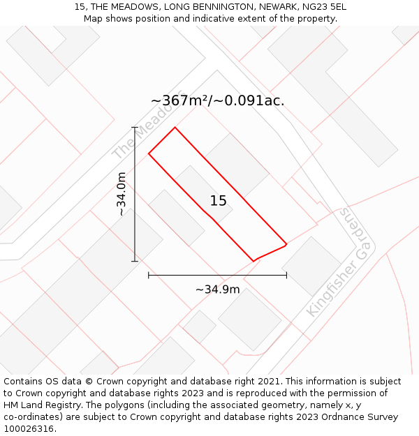 15, THE MEADOWS, LONG BENNINGTON, NEWARK, NG23 5EL: Plot and title map