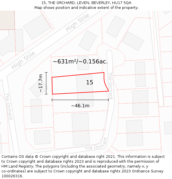 15, THE ORCHARD, LEVEN, BEVERLEY, HU17 5QA: Plot and title map