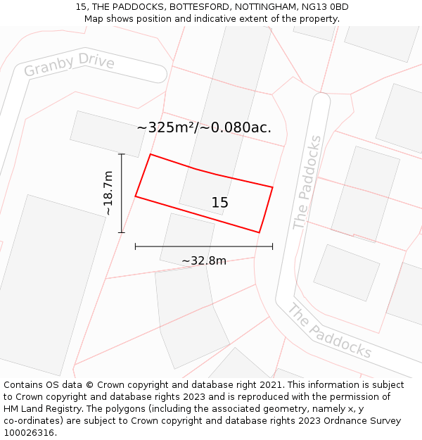 15, THE PADDOCKS, BOTTESFORD, NOTTINGHAM, NG13 0BD: Plot and title map