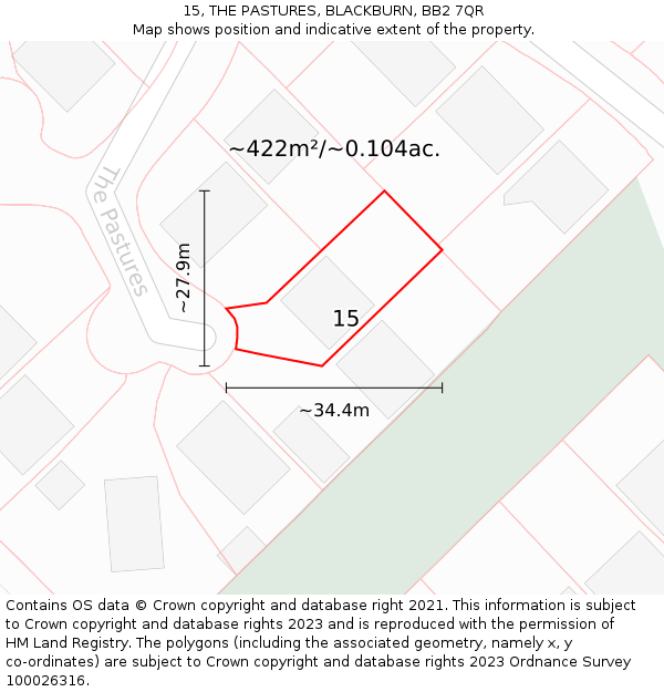 15, THE PASTURES, BLACKBURN, BB2 7QR: Plot and title map