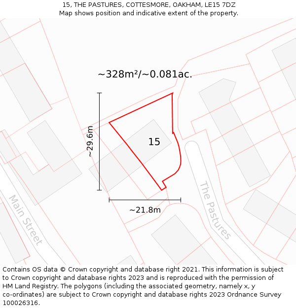 15, THE PASTURES, COTTESMORE, OAKHAM, LE15 7DZ: Plot and title map