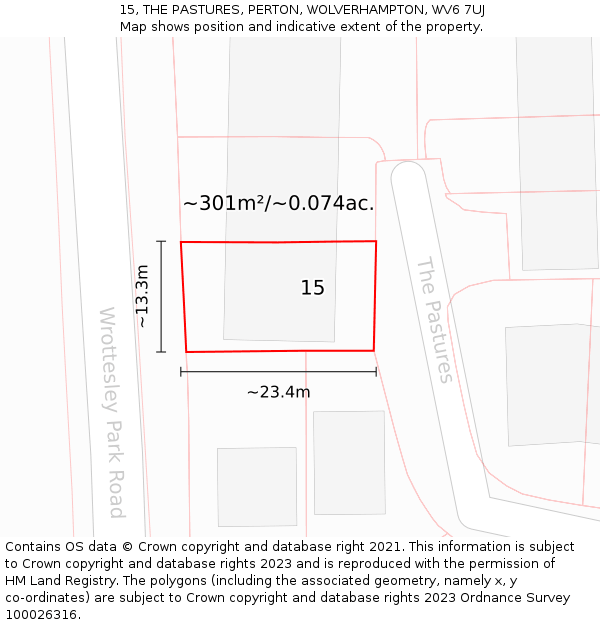 15, THE PASTURES, PERTON, WOLVERHAMPTON, WV6 7UJ: Plot and title map