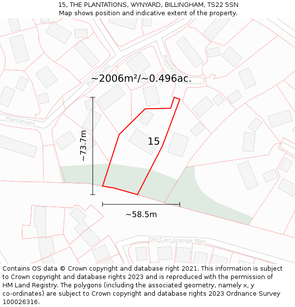 15, THE PLANTATIONS, WYNYARD, BILLINGHAM, TS22 5SN: Plot and title map