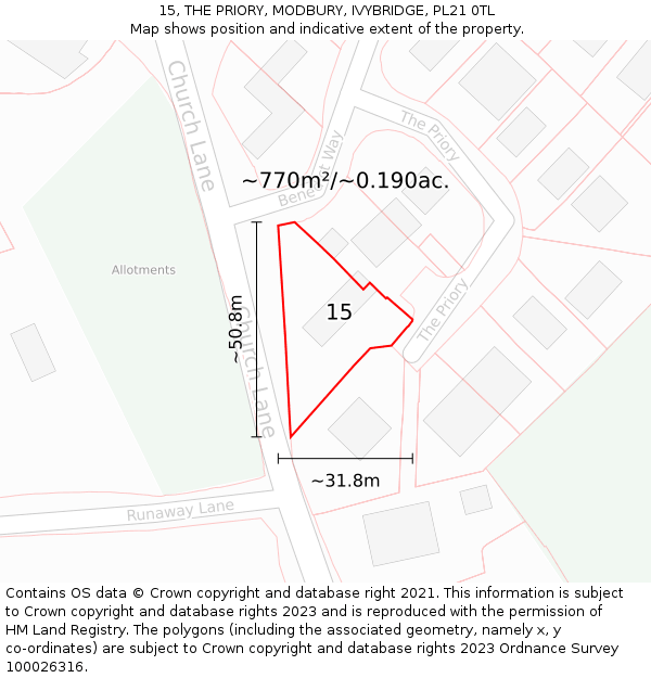 15, THE PRIORY, MODBURY, IVYBRIDGE, PL21 0TL: Plot and title map