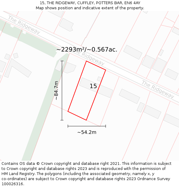 15, THE RIDGEWAY, CUFFLEY, POTTERS BAR, EN6 4AY: Plot and title map