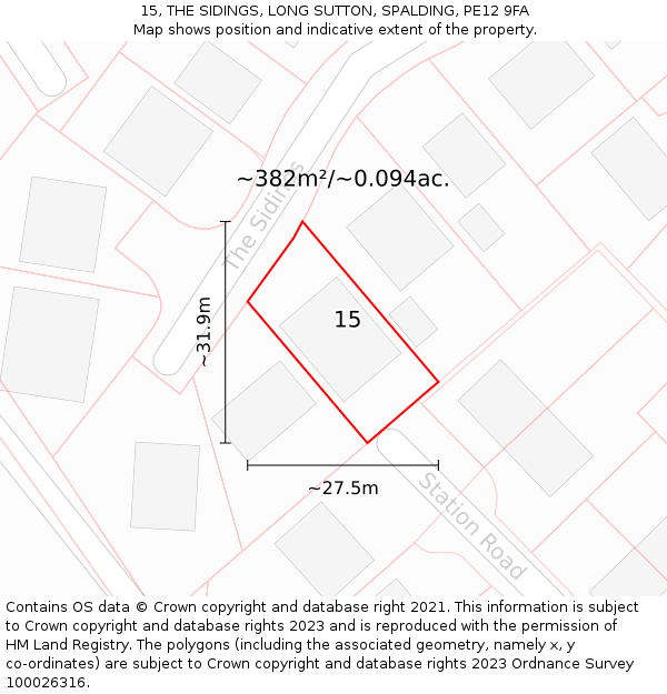 15, THE SIDINGS, LONG SUTTON, SPALDING, PE12 9FA: Plot and title map