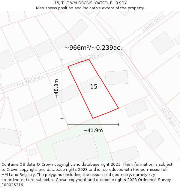 15, THE WALDRONS, OXTED, RH8 9DY: Plot and title map