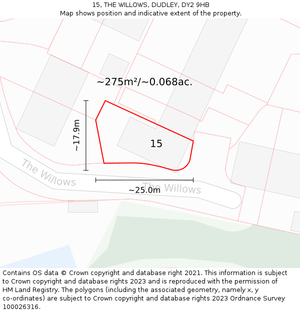 15, THE WILLOWS, DUDLEY, DY2 9HB: Plot and title map