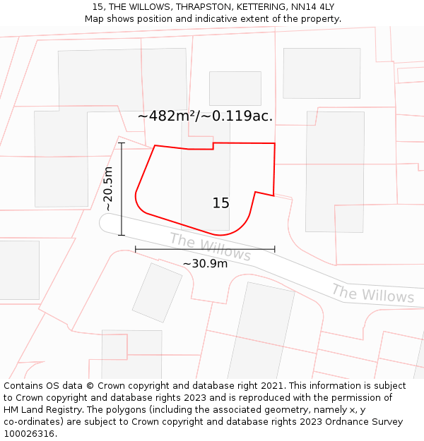 15, THE WILLOWS, THRAPSTON, KETTERING, NN14 4LY: Plot and title map