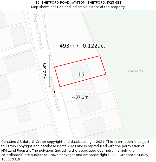 15, THETFORD ROAD, WATTON, THETFORD, IP25 6BT: Plot and title map