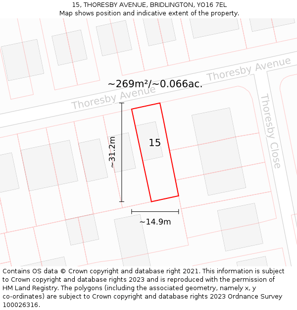 15, THORESBY AVENUE, BRIDLINGTON, YO16 7EL: Plot and title map