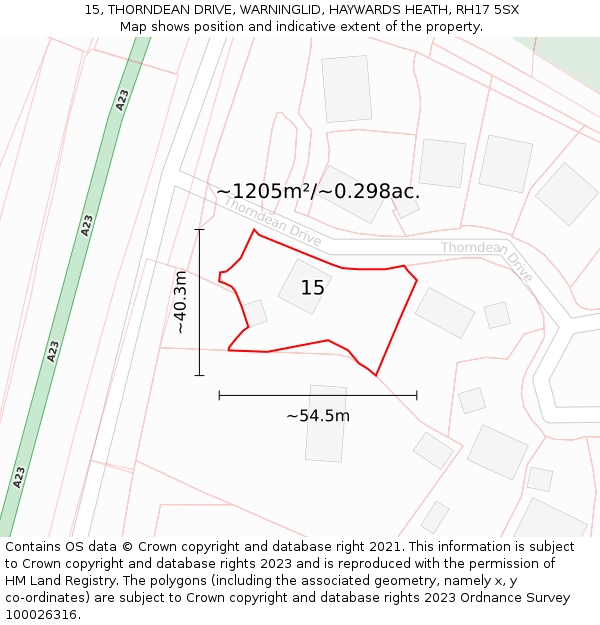 15, THORNDEAN DRIVE, WARNINGLID, HAYWARDS HEATH, RH17 5SX: Plot and title map