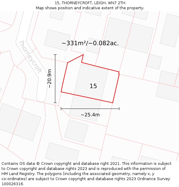 15, THORNEYCROFT, LEIGH, WN7 2TH: Plot and title map