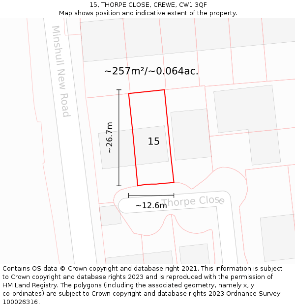 15, THORPE CLOSE, CREWE, CW1 3QF: Plot and title map