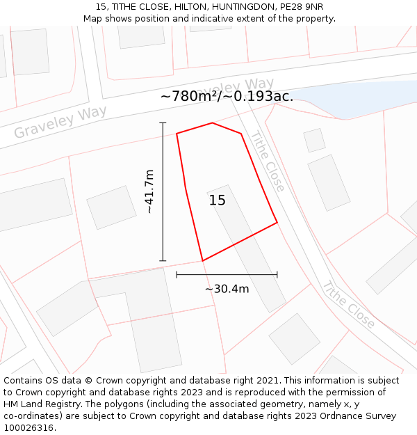 15, TITHE CLOSE, HILTON, HUNTINGDON, PE28 9NR: Plot and title map