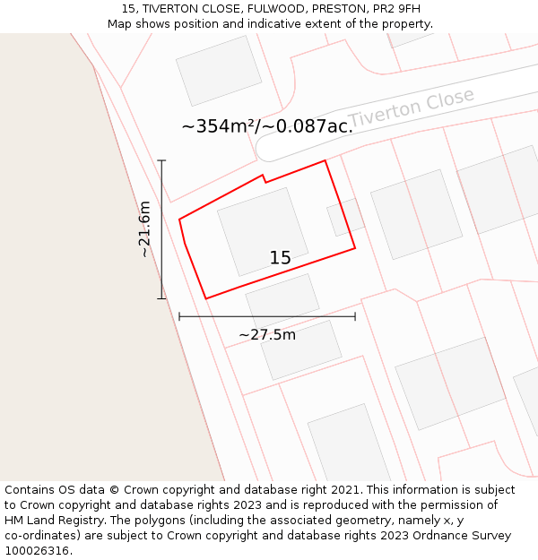 15, TIVERTON CLOSE, FULWOOD, PRESTON, PR2 9FH: Plot and title map