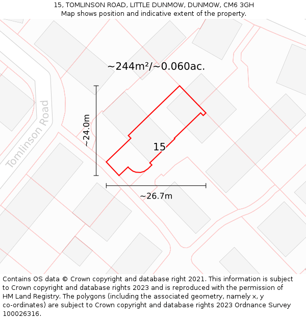 15, TOMLINSON ROAD, LITTLE DUNMOW, DUNMOW, CM6 3GH: Plot and title map