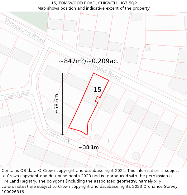 15, TOMSWOOD ROAD, CHIGWELL, IG7 5QP: Plot and title map