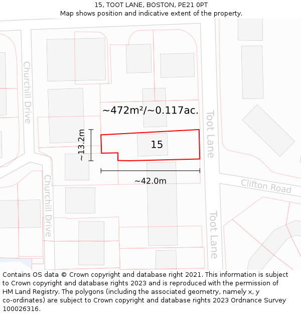 15, TOOT LANE, BOSTON, PE21 0PT: Plot and title map