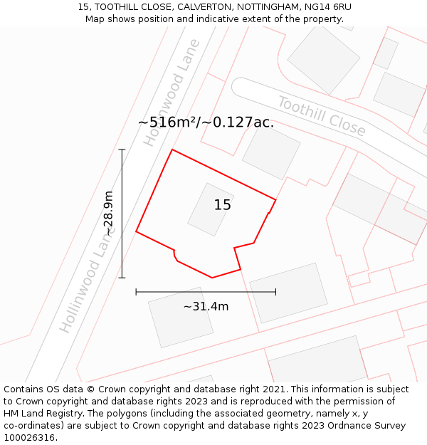 15, TOOTHILL CLOSE, CALVERTON, NOTTINGHAM, NG14 6RU: Plot and title map