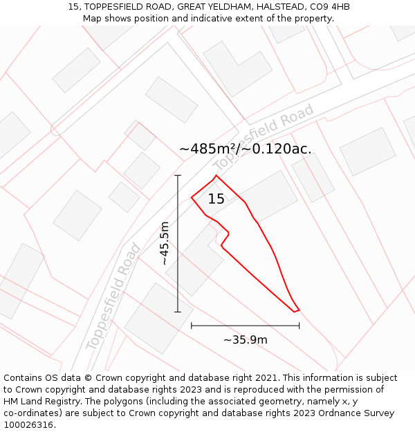 15, TOPPESFIELD ROAD, GREAT YELDHAM, HALSTEAD, CO9 4HB: Plot and title map