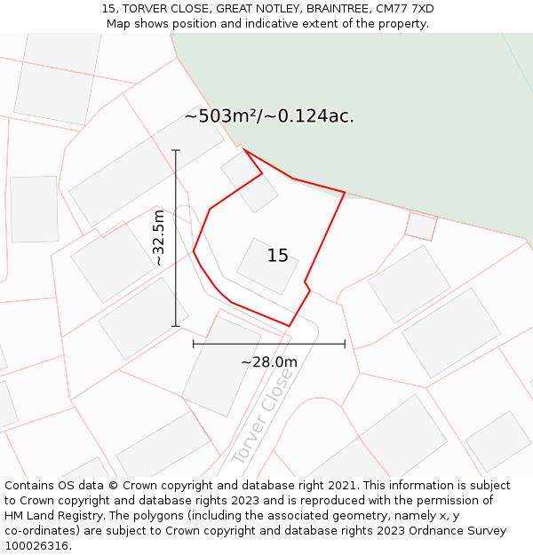 15, TORVER CLOSE, GREAT NOTLEY, BRAINTREE, CM77 7XD: Plot and title map