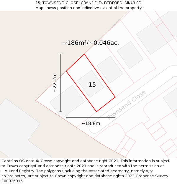 15, TOWNSEND CLOSE, CRANFIELD, BEDFORD, MK43 0DJ: Plot and title map