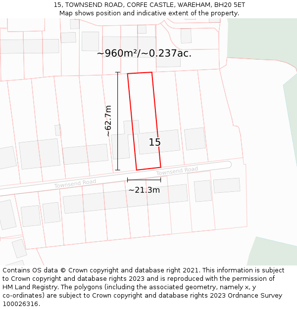 15, TOWNSEND ROAD, CORFE CASTLE, WAREHAM, BH20 5ET: Plot and title map