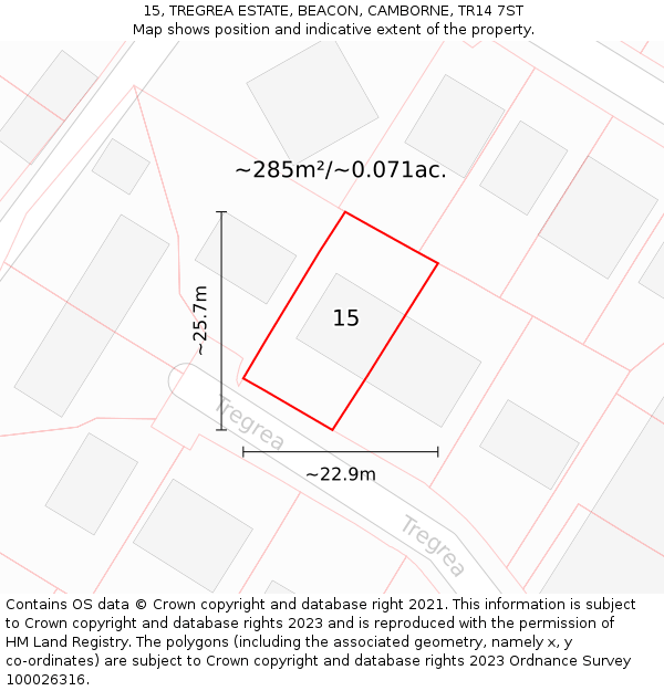 15, TREGREA ESTATE, BEACON, CAMBORNE, TR14 7ST: Plot and title map