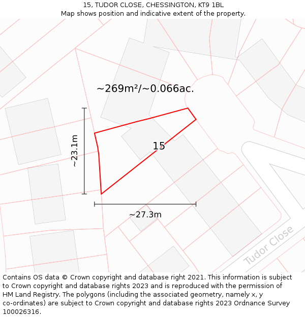 15, TUDOR CLOSE, CHESSINGTON, KT9 1BL: Plot and title map
