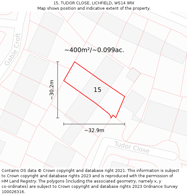 15, TUDOR CLOSE, LICHFIELD, WS14 9RX: Plot and title map